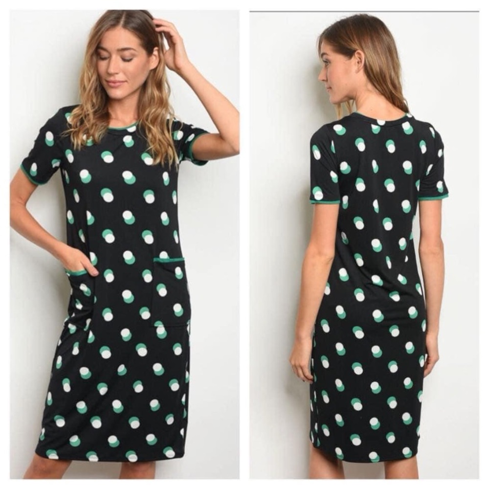 Sweet Claire Navy dress with green polka dots
